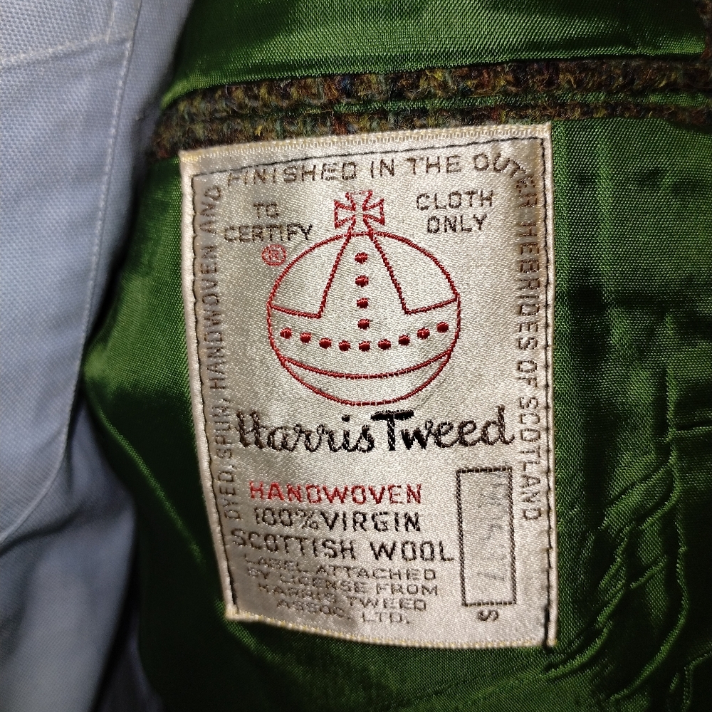 Vintage 1960s Harris Tweed Mens Sport Coat Green Plaid Tweed Jacket Size 42R - Picture 6 of 7